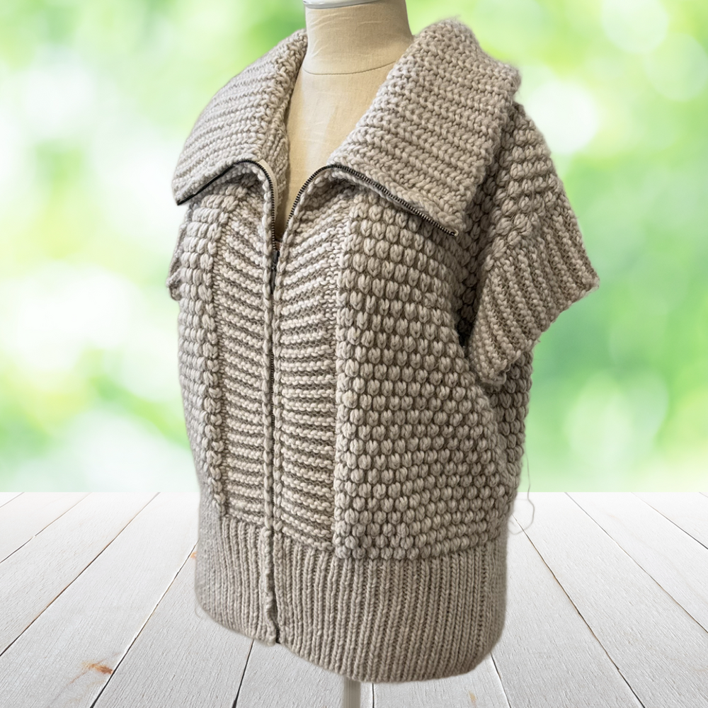 ELSAMANDA Wool Alpaca Sweater Tan Full Zip Chunky Knit Made in Italy Womens L